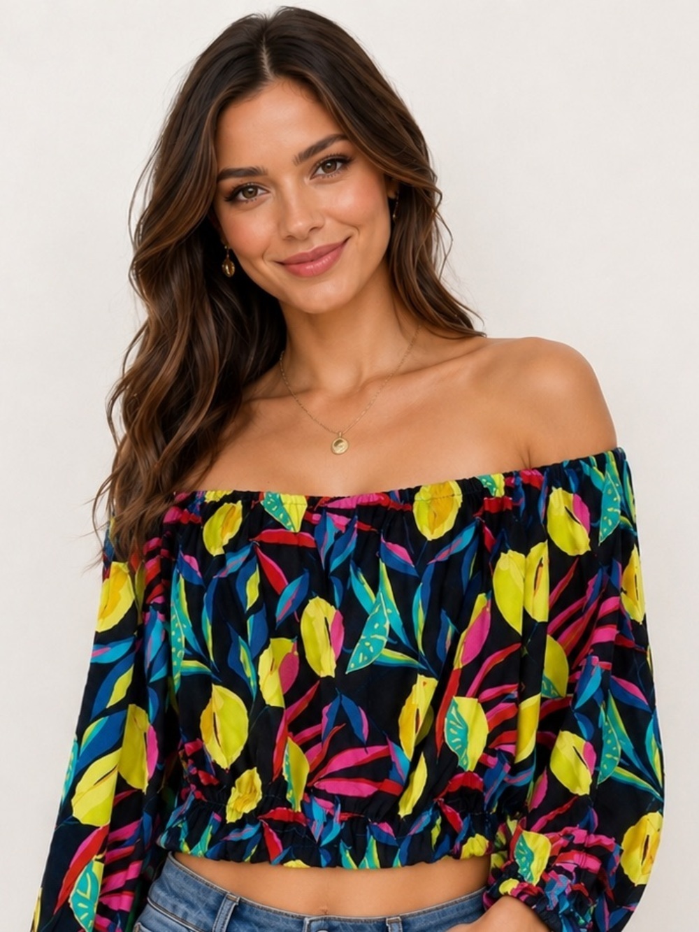 Tabitha Brown Lemon Print Bardot Top Size Small